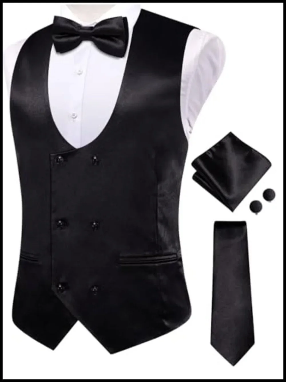 Satin Double Breasted Suit Vest Set with Pretied Bowtie & Cufflinks